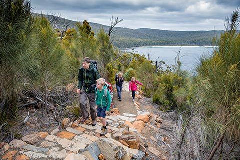 Photograph of a hiking family ascending stone steps